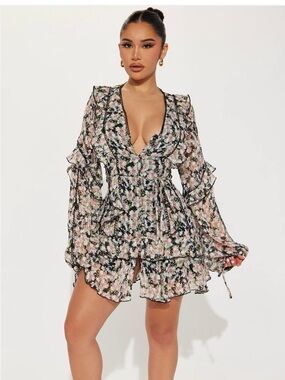 Fashion Nova Black Floral Ruffle Mini Dress